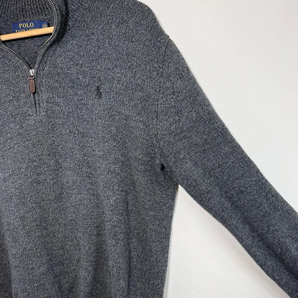 Polo Ralph Lauren Quarter Zip Sweater Grey Cotton Pony Logo Classic Preppy Large